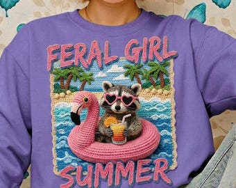 Feral Girl Summer PNG | 3D Crochet Raccoon Sublimation Design | Amigurumi Beach Flamingo | Digital Download