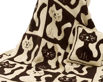 Ensemble Couverture et Coussin Chat au Crochet – Rose & Noir (Fait Main)