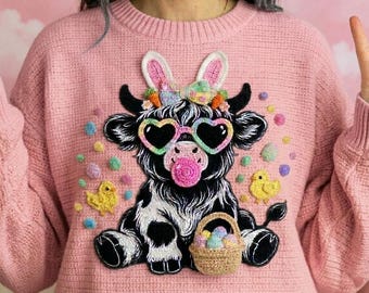 Vache Highland de  Style Patchwork | Design Printemps & Effet Crochet 3D – PNG Numérique
