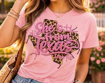 She's From Texas Leopard Print State Map - Texas Girl PNG Design -  Digital Download