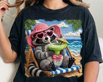 Tropical Raccoon with Beach Daychair and margarita  PNG – 3D Crochet stayle - Digital download