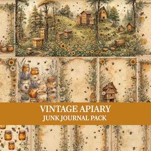 Puede incluir: Una colección de hojas de papel decorativas con ilustraciones de colmenares, colmenas de madera, tarros de miel, girasoles, lavanda y abejas sobre un fondo estilo pergamino. El texto VINTAGE APIARY JUNK JOURNAL PACK está impreso en blanco.