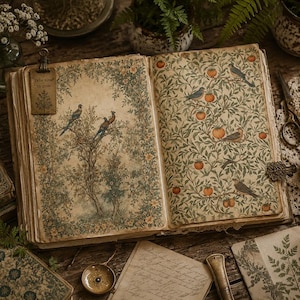 Könnte beinhalten: Ein aufgeschlagenes Buch mit gealterten, cremefarbenen Seiten und detaillierten botanischen Illustrationen. Die linke Seite zeigt einen Baum mit Vögeln, die rechte Seite ein Muster aus Orangen und Vögeln. Ein Etikett trägt die Aufschrift Take time to grow.
