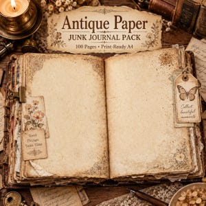 May include: An open journal with aged, beige paper featuring decorative corner patterns. A tag with a butterfly illustration and the text 'Collect beautiful moments' is attached, alongside a small card reading 'Good Things Take Time'.