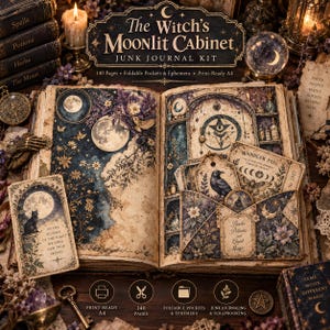 Puede incluir: El kit de diario The Witch's Moonlit Cabinet incluye 140 páginas, bolsillos plegables y efímeros en tamaño A4. El libro abierto muestra ilustraciones de lunas, estrellas, flores, un cuervo y un gato, con textos como Moonbeam Pass y Quiet Magic.