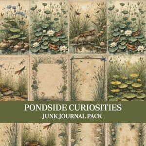 Pode incluir: Uma coleção de folhas de papel retangulares com ilustrações em aquarela de vida em lagoas, incluindo sapos, libélulas, lírios de água e gramíneas altas. O texto PONDSIDE CURIOSITIES JUNK JOURNAL PACK está impresso em branco numa faixa verde.
