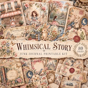 May include: A junk journal printable kit titled Whimsical Story with 80 pages. The collection features vintage-style illustrations of children, rabbits, birds, flowers, castles, and mushrooms, along with envelopes, tags, and labels in soft tones.