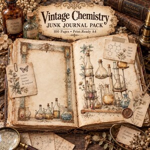 Puede incluir: Un diario creativo abierto con ilustraciones de química vintage de vasos de precipitados, matraces y bocetos botánicos sobre papel envejecido. Las páginas incluyen texto como Vintage Chemistry Junk Journal Pack, Collect Create Journal Be Inspired y Good Ideas Take Time, con bordes decorativos.