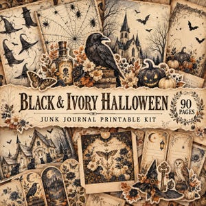 May include: A Black & Ivory Halloween junk journal printable kit featuring 90 pages of vintage-style illustrations including ravens, pumpkins, witch hats, spiders, haunted houses, and floral motifs in a muted color palette of black, ivory, and brown.