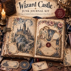 Könnte beinhalten: Ein Wizard Castle Junk-Journal-Set mit einem aufgeschlagenen Buch, das eine Schlossillustration, einen Vollmond und florale Akzente zeigt. Das Set enthält Papier-Ephemera, Anhänger mit Eule und Mond, ein Wachssiegel und einen Metallschlüssel.