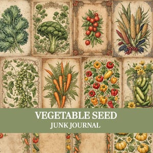 May include: A collection of vintage-style paper sheets featuring botanical illustrations of kale, broccoli, tomatoes, corn, peas, carrots, peppers, and cucumbers, with the text VEGETABLE SEED JUNK JOURNAL printed in white over a green rectangular overlay.