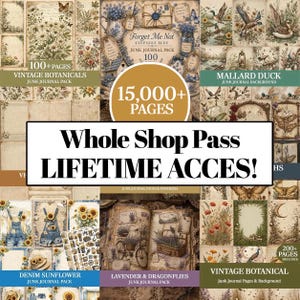 May include: A digital collection of junk journal pages and ephemera featuring vintage botanical illustrations, mallard ducks, sunflowers, lavender, and dragonflies. The image displays text including 100+ PAGES, 15,000+ PAGES, and Whole Shop Pass LIFETIME ACCES!