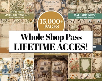 Può includere: Una collezione digitale di pagine per junk journal ed effimeri con illustrazioni botaniche vintage, germani reali, girasoli, lavanda e libellule. L'immagine mostra testo tra cui 100+ PAGES, 15,000+ PAGES e Whole Shop Pass LIFETIME ACCES!