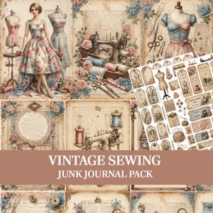 May include: A collection of vintage sewing-themed paper ephemera featuring illustrations of dress forms, sewing machines, floral patterns, and scissors. The set includes various tags, labels, and decorative sheets with aged paper textures and script.