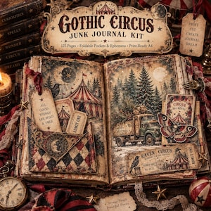 May include: A Gothic Circus junk journal kit featuring an open book with vintage circus illustrations, a red and white striped tent, a truck, a moth, and ticket ephemera. The text reads Gothic Circus Junk Journal Kit, 125 Pages, Foldable Pockets & Ephemera, Print-Ready A4, All Good Things Are Wild & Free, Admit One, Cirque des Rêves, Raven Circus, and Merry Christmas.