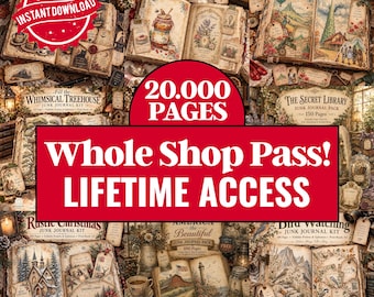 May include: A digital collection of junk journal kits featuring various themes like The Wizard of Oz, vintage recipes, and Christmas. The image displays multiple open books with illustrations, text, and ephemera, overlaid with red banners stating Instant Download, 20,000 Pages, and Whole Shop Pass! Lifetime Access.