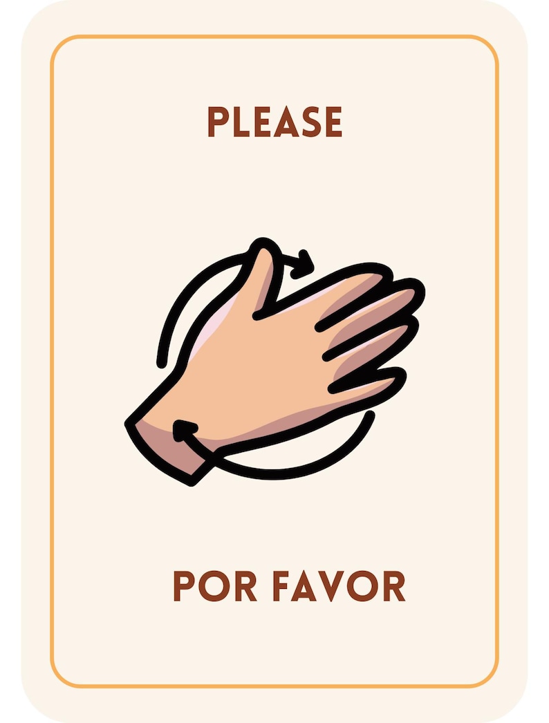 May include: A rectangular card with a tan background features the word "PLEASE" in brown text at the top and "POR FAVOR" at the bottom. A cartoon hand with black outlines and arrows indicating a clapping motion is in the center.