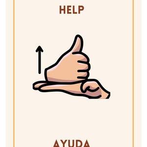 May include: A rectangular card with a beige background features the word "HELP" in brown text. Below, a hand gesture with an upward arrow is illustrated. The word "AYUDA" appears at the bottom in brown text. The card has a brown border.