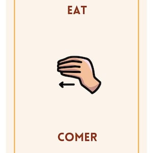 May include: A flashcard with the word "EAT" at the top and "COMER" at the bottom. The card features a cartoon illustration of a hand with fingers together, moving towards the left, with a black arrow indicating the direction.