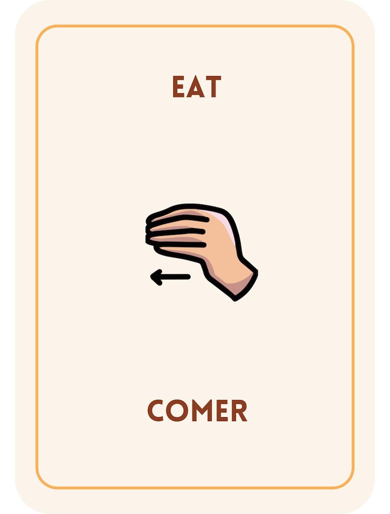 May include: A flashcard with the word "EAT" at the top and "COMER" at the bottom. The card features a cartoon illustration of a hand with fingers together, moving towards the left, with a black arrow indicating the direction.
