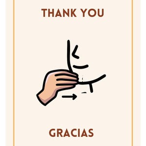 May include: A beige card with a brown border features the words "THANK YOU" at the top and "GRACIAS" at the bottom. A hand gesture illustration is in the center, with a black outline and a beige background.