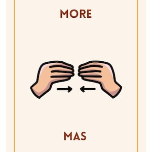May include: A beige card with the word "MORE" at the top and "MAS" at the bottom. The card features a graphic of two hands facing each other with arrows pointing towards each other. The hands are light-skinned with black outlines.