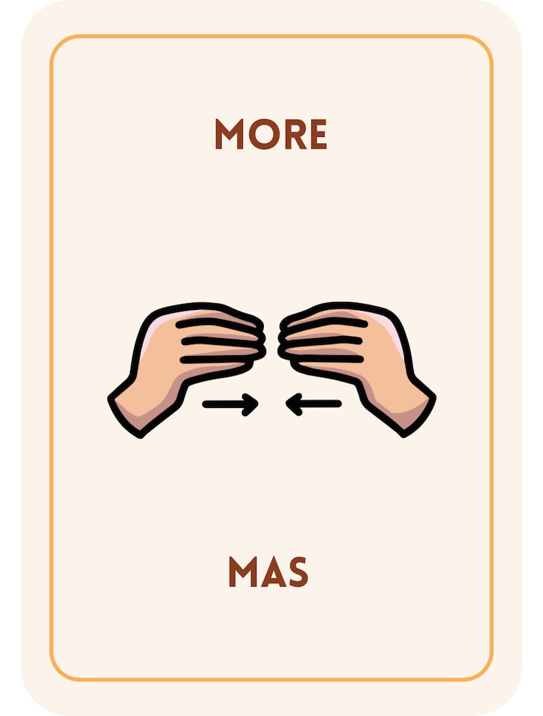 May include: A beige card with the word "MORE" at the top and "MAS" at the bottom. The card features a graphic of two hands facing each other with arrows pointing towards each other. The hands are light-skinned with black outlines.