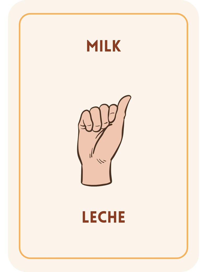 May include: A cream-colored card with a brown border features the word "MILK" at the top and "LECHE" at the bottom. In the center, a hand gesture is illustrated, with the thumb extended upwards, representing the sign for milk.