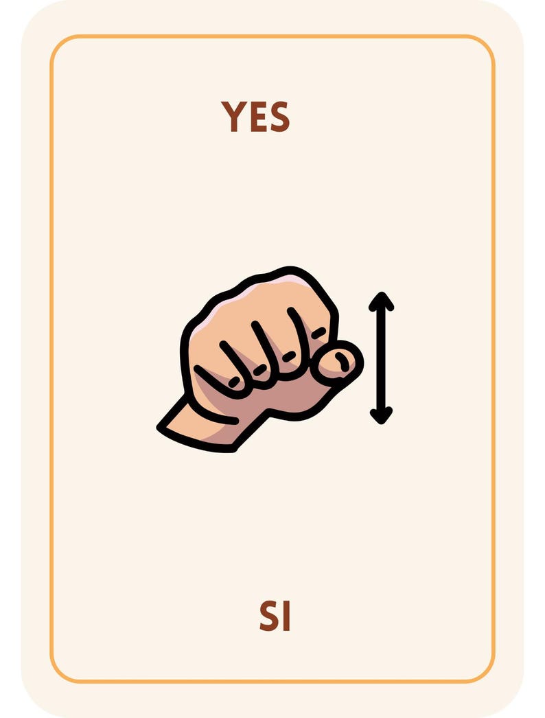 May include: A card with a beige background and a brown border. The word "YES" is at the top, and "SI" is at the bottom. In the center is a hand making a fist with an arrow pointing up and down.