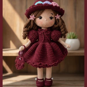 Puede incluir: Muñeca de ganchillo hecha a mano con vestido, sombrero y zapatos burdeos. La muñeca tiene cabello castaño rizado, rostro color melocotón y sostiene un pequeño bolso. El sombrero está decorado con flores. La muñeca mide unos 25 cm.