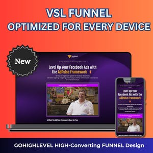 May include: A laptop and smartphone display a website interface with the text "Level Up Your Facebook Ads with the AdPulse Framework." The design is optimized for every device. The background is a gradient of orange and purple.