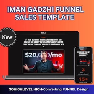 Könnte beinhalten: Eine digitale Marketing-Verkaufsvorlage mit dem Text "IMAN GADZHI FUNNEL SALES TEMPLATE". Das Bild zeigt einen Laptop und ein Smartphone, die Informationen über ein Online-Einkommenssystem und 20.000 € pro Monat anzeigen.