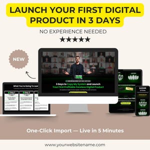 Puede incluir: Un anuncio que promociona el lanzamiento de un producto digital en 3 días, con el texto "LAUNCH YOUR FIRST DIGITAL PRODUCT IN 3 DAYS" en amarillo. La imagen muestra una computadora portátil, una computadora de escritorio, una tableta y un teléfono inteligente que muestran el contenido del producto.