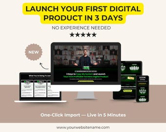 May include: An advertisement promoting a digital product launch in 3 days, with the text "LAUNCH YOUR FIRST DIGITAL PRODUCT IN 3 DAYS" in yellow. The image shows a laptop, desktop, tablet, and smartphone displaying the product's content. The text "NO EXPERIENCE NEEDED" is also visible.