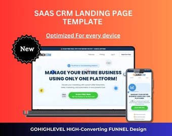 May include: A laptop and smartphone display a SaaS CRM landing page template. The laptop screen shows the text "Manage Your Entire Business Using Only One Platform!" The smartphone displays the same content. The image has a red and orange gradient background.