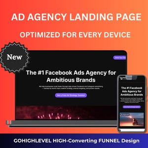 Może przedstawiać: Reklama marketingu cyfrowego dla agencji, wyświetlana na laptopie i smartfonie. Tekst brzmi "AD AGENCY LANDING PAGE OPTIMIZED FOR EVERY DEVICE" i "The #1 Facebook Ads Agency for Ambitious Brands". Widoczna jest odznaka "New".