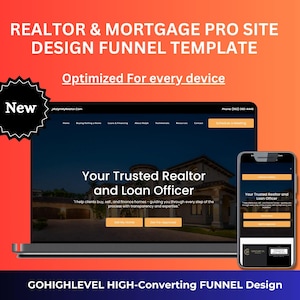 May include: A laptop and smartphone display a website design for realtors and loan officers. The website features a house image and the text "Your Trusted Realtor and Loan Officer." The design is optimized for all devices.