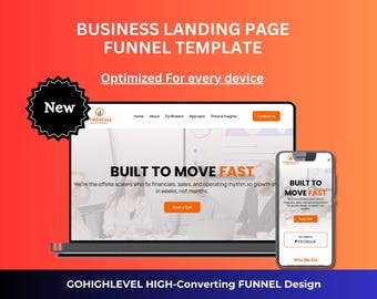 Könnte beinhalten: Ein Laptop und ein Smartphone zeigen eine Vorlage für einen Business-Landingpage-Funnel. Der Laptop-Bildschirm zeigt die Website mit dem Text "BUILT TO MOVE FAST". Das Smartphone zeigt denselben Inhalt. Der Text "Optimiert für jedes Gerät" ist enthalten.