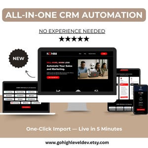 May include: An advertisement for CRM automation software. The image shows a desktop computer, laptop, tablet, and smartphone displaying the software interface. Text includes "ALL-IN-ONE CRM AUTOMATION" and "NO EXPERIENCE NEEDED."