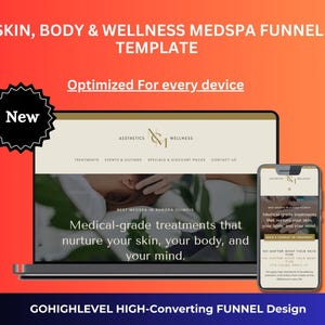 Puede incluir: Un portátil y un smartphone muestran una plantilla de sitio web para un medspa, con el texto "Skin, Body & Wellness Medspa Funnel Template". El diseño está optimizado para todos los dispositivos. También es visible el texto "Medical-grade treatments that nurture your skin, your body, and your mind".