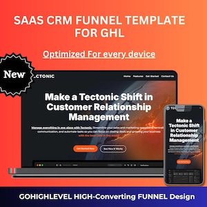 May include: A digital marketing graphic with the text "SAAS CRM FUNNEL TEMPLATE FOR GHL" and "Optimised For every device." The image shows a laptop and a smartphone displaying a customer relationship management interface.