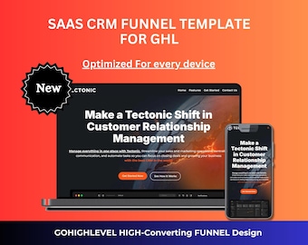 Może przedstawiać: Grafika marketingu cyfrowego z tekstem "SAAS CRM FUNNEL TEMPLATE FOR GHL" i "Zoptymalizowany dla każdego urządzenia". Obraz przedstawia laptopa i smartfona wyświetlające interfejs zarządzania relacjami z klientami.