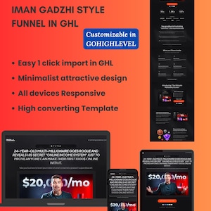 以下が含まれることがあります： HighLevel用のデジタルマーケティングファネルテンプレート。Iman Gadzhiスタイルで設計されています。画像は、ミニマルなデザイン、すべてのデバイスへの応答性、簡単なインポートなど、テンプレートの機能を紹介しています。テンプレートはGoHighLevelでカスタマイズ可能です。