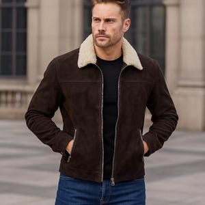 Heren Bruin Suède Leren Shearling Jas | Handgemaakte Herfstjas | Vintage Boho Retro Overjas Wintercadeau