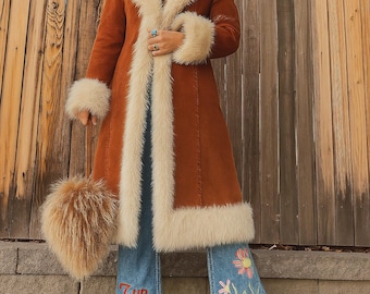 Abrigo Mujer Ante Marrón Penny Lane | Abrigo Vintage 90s Shearling Afgano de Piel | Largo Boho Hippie Invierno Regalo