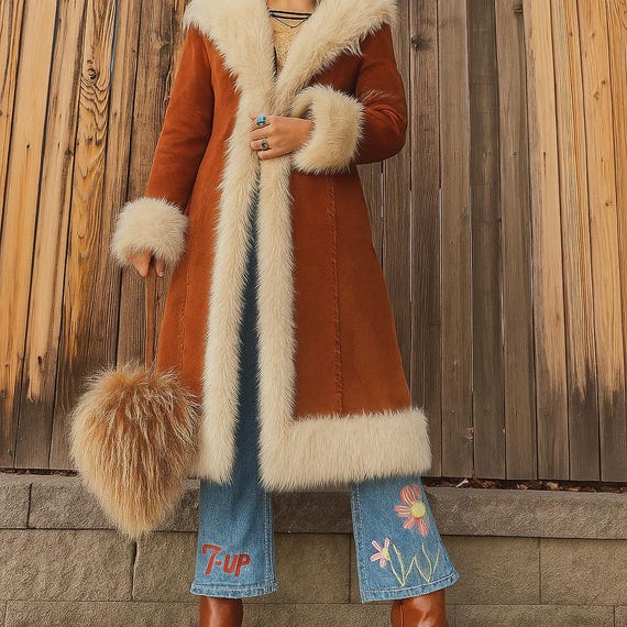 80's 90's vintage オーバーサイズ 毛皮 ファー コート Y2K Women's Brown Suede Leather Penny Lane Coat | Vintage 90s