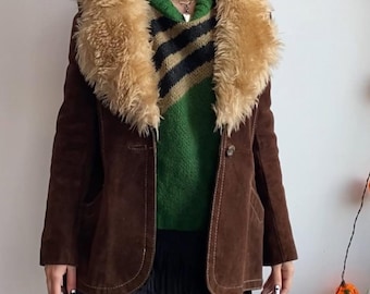 Abrigo Mujer Vintage Penny Lane de Gamuza Marrón – Chaqueta con Cuello de Piel Años 70 | Estilo Retro Western Invierno | Regalo