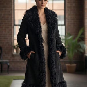 Women’s Brown Suede Penny Lane Coat | Handmade Boho Afghan Shearling Overcoat | Vintage Fur Trim Long Winter Coat | Gift for Her
