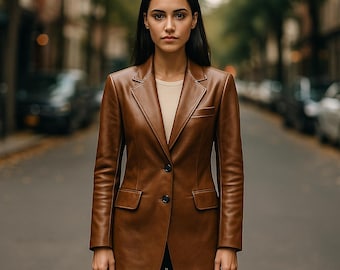 Dames Vintage Bruin Schapenvacht Leren Blazer – Handmade 90s Slim Fit Elegante Jas | Formele Outerwear Cadeau voor Haar