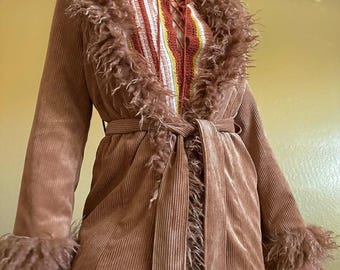 Vintage Suede Coat with Mongolian Fur | 70s Afghan Boho Style